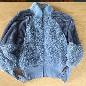Free People Dusty Blue Mixed-Texture Teddy Jacket